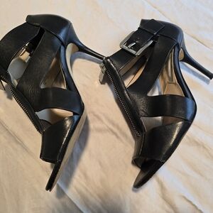 Michael Kors Black Leather Zip Front Strappy High Heel Sandals